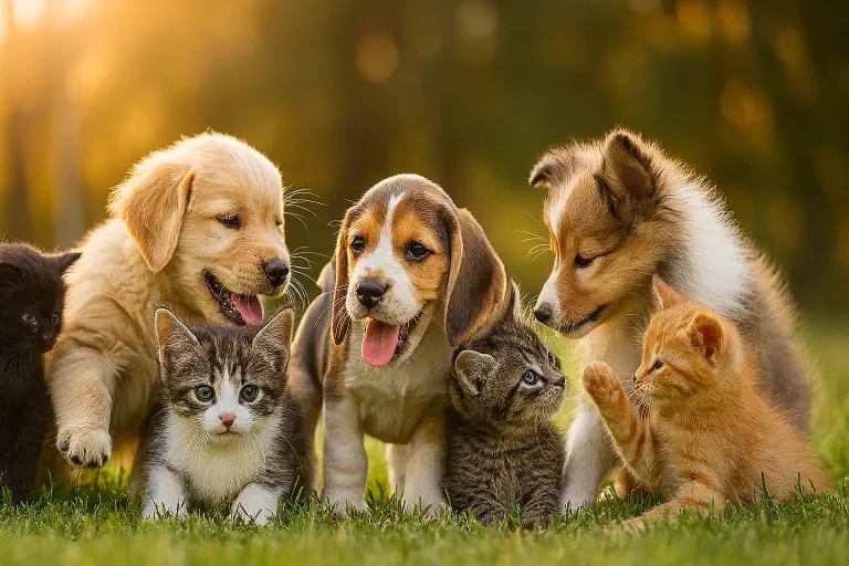 Hunde und Katzen friedlich zusammen