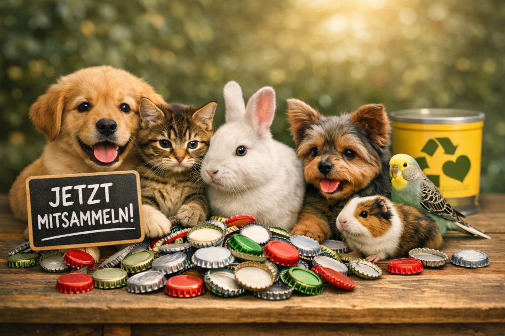 „Mehrere Haustiere – Hund, Katze, Kaninchen, Meerschweinchen und Wellensittich – sitzen gemeinsam vor einer Sammlung bunter Kronkorken. Im Hintergrund steht eine gelbe Dose mit Recycling‑Symbol und Herz.