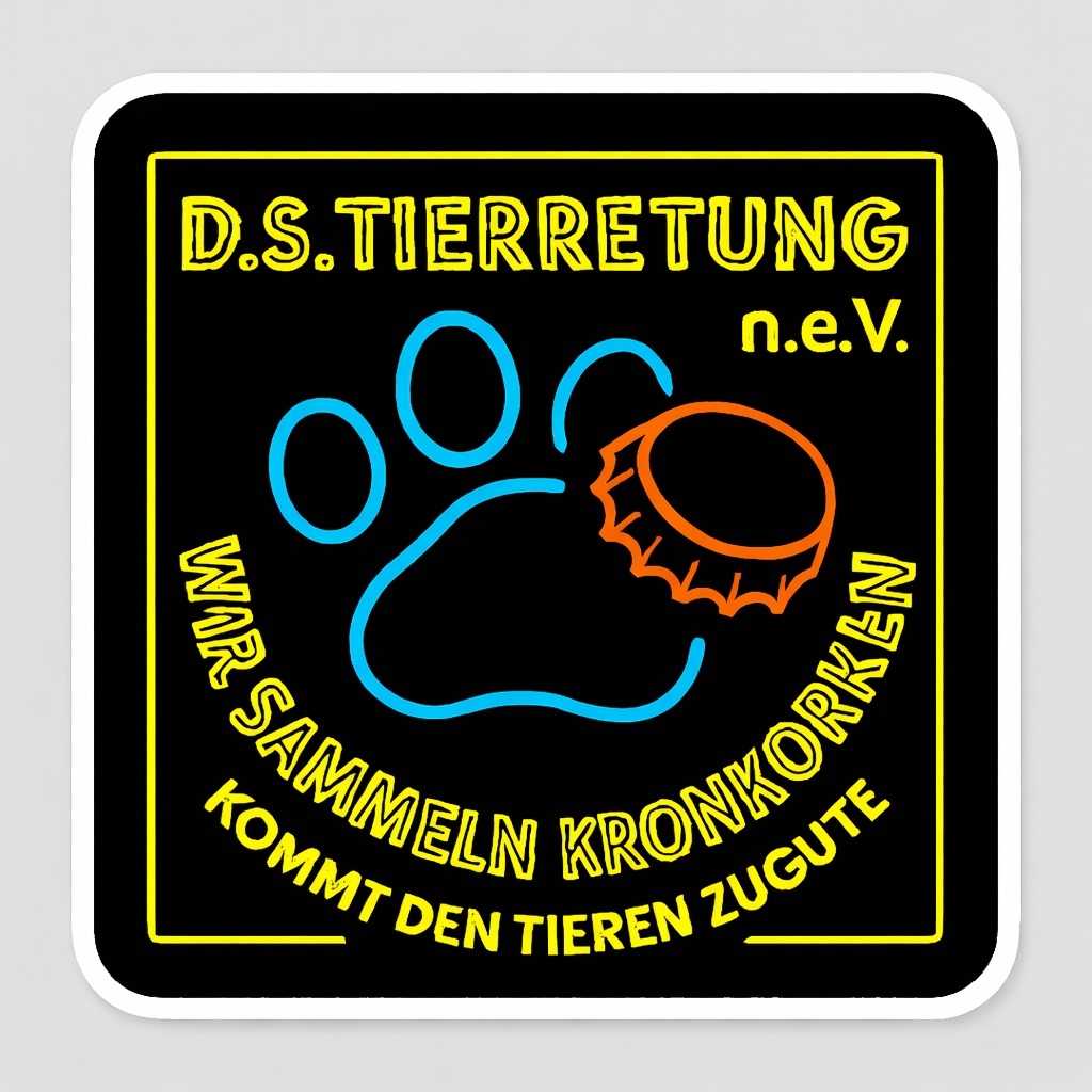Logo der D.S. Tierrettung e.V. mit Pfotenabdruck und Kronkorken – Aktion zur Kronkorkensammlung zugunsten von Tieren.
