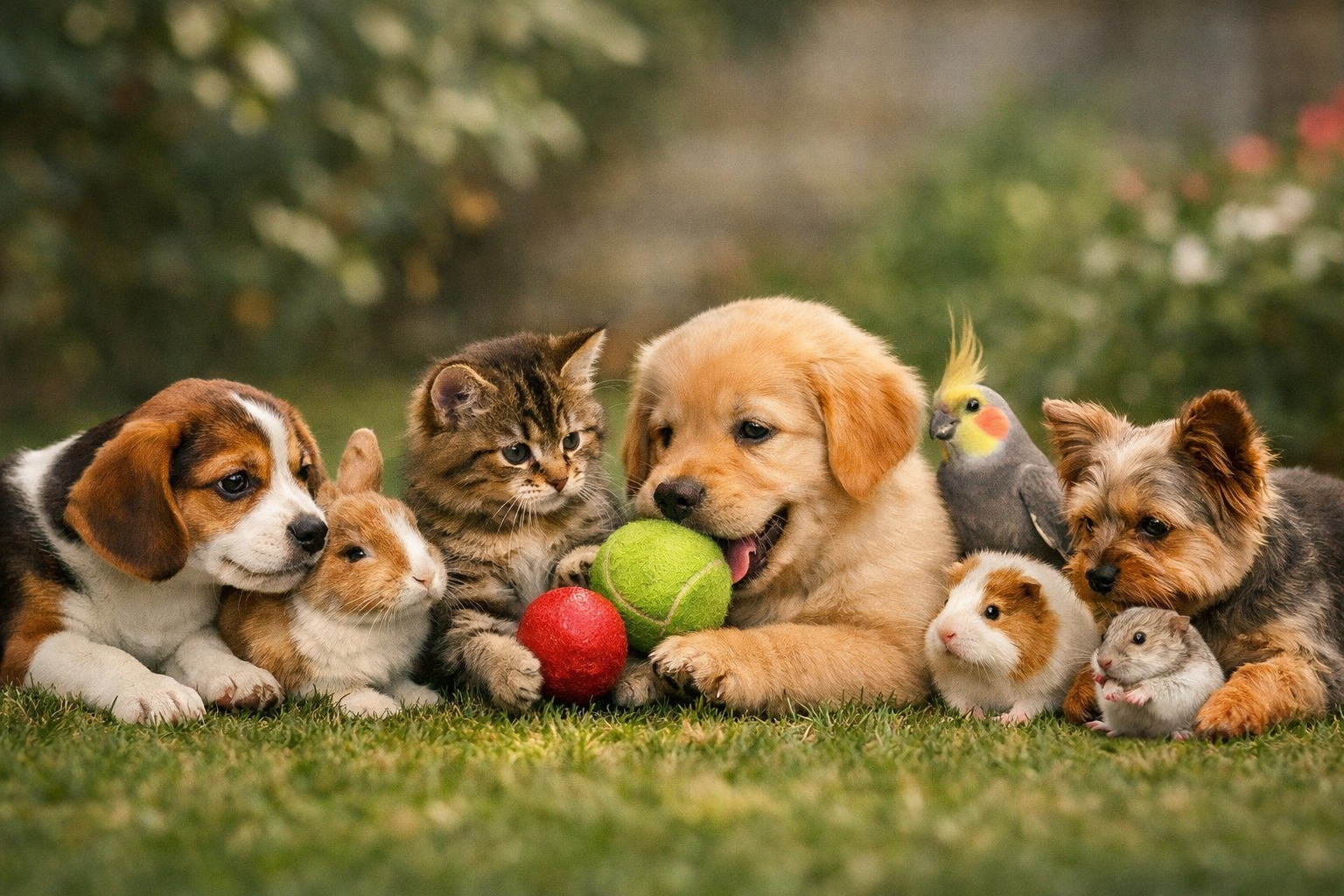 Mehrere Haustiere – Hunde, Katzen, Kaninchen, Meerschweinchen, Hamster und ein Vogel – sitzen gemeinsam auf einer Wiese und spielen friedlich miteinander.