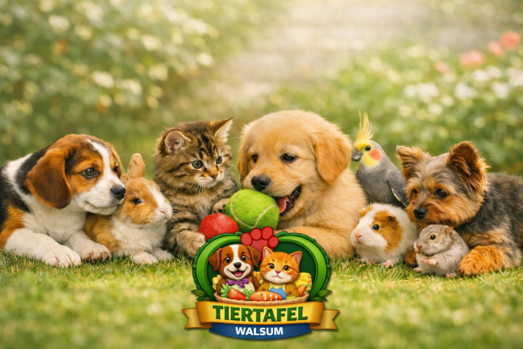 Mehrere Haustiere – Hunde, Katze, Kaninchen, Vogel, Meerschweinchen und Hamster – sitzen auf einer Wiese mit dem Logo der Tiertafel Walsum.