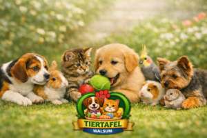 Mehrere Haustiere – Hunde, Katze, Kaninchen, Vogel, Meerschweinchen und Hamster – sitzen auf einer Wiese mit dem Logo der Tiertafel Walsum.